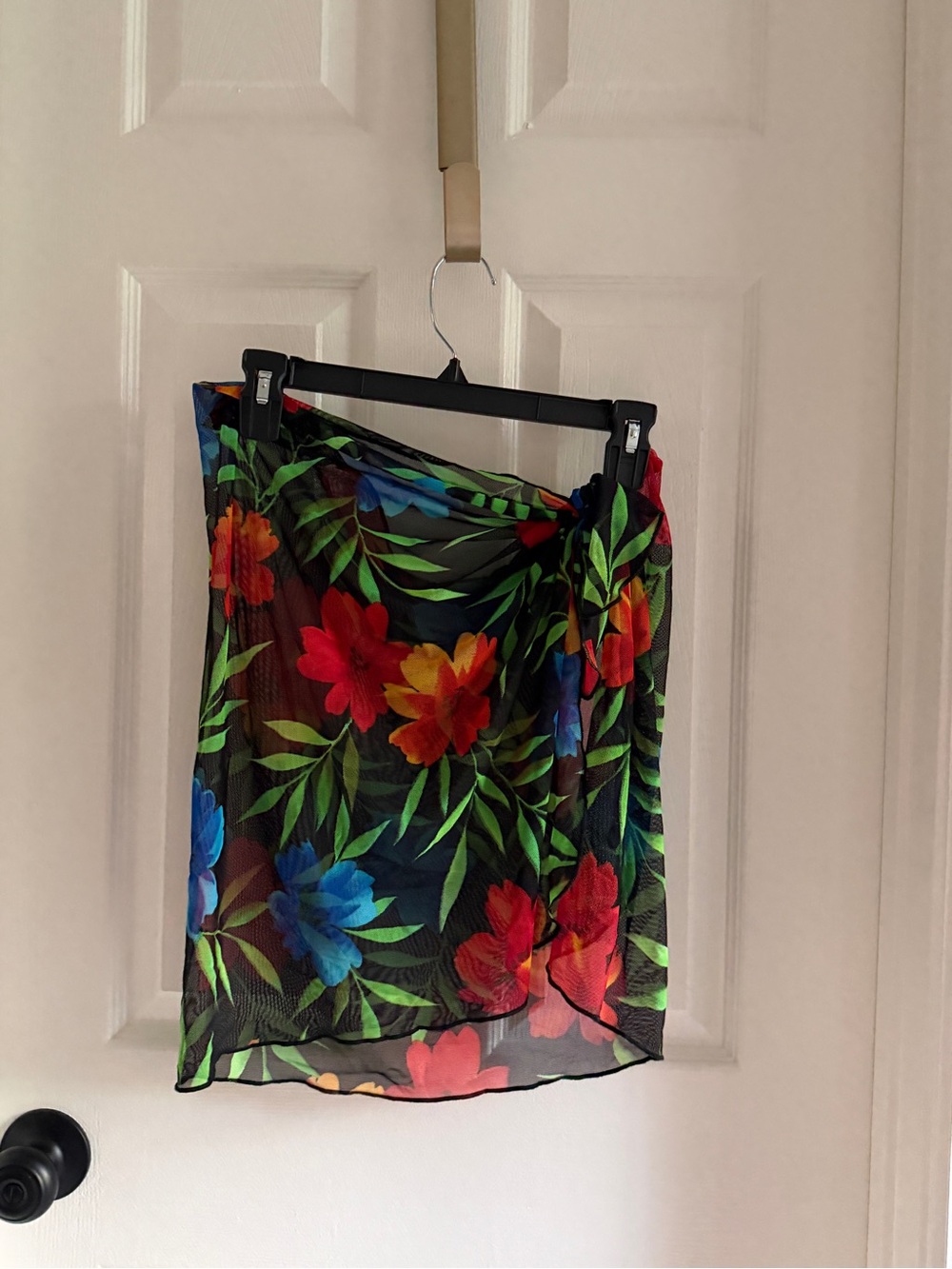 Black Sheer Floral Swim Sarong Cover-Up